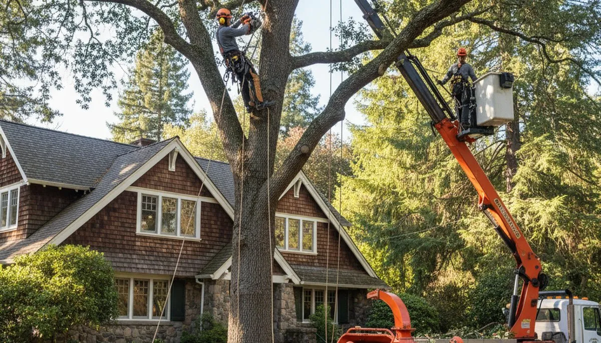 Tree service crew removing a tree in Worcester, MA for safe residential property clearance