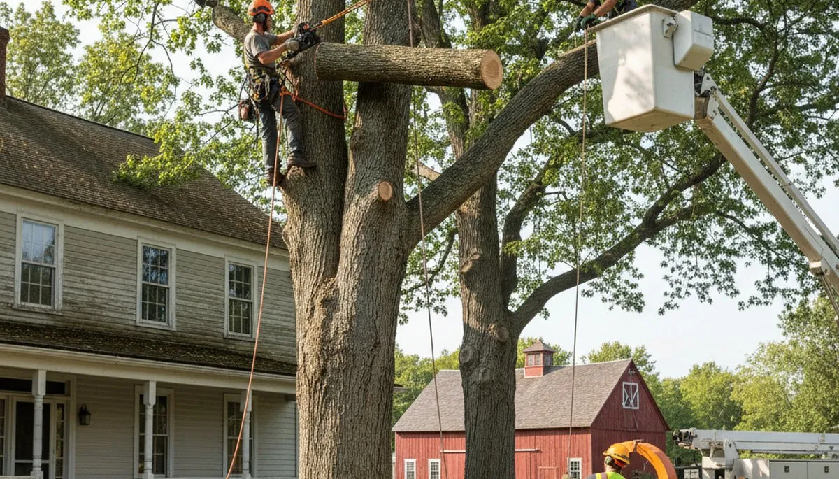 Tree service crew in Worcester, MA handling professional tree removal and trimming equipment
